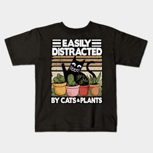 Easily Distracted By Cats & Plants Funny Cat Lover Gardening Gift Kids T-Shirt